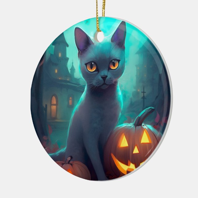 Adorno De Cerámica Gato azul ruso de Halloween con calabazas aterrado (Izquierda)