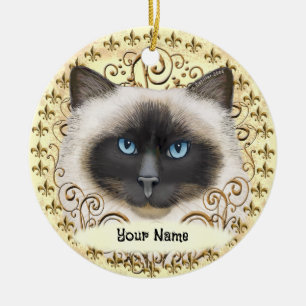 Adorno De Cerámica Gato Birmano Fleur De Lis 