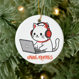 Adorno De Cerámica Gato Blanco Adorable con Auriculares Rojos Portáti