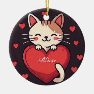 Adorno De Cerámica Gato Blanco Adorable con Corazón Diseño de Amor Ga