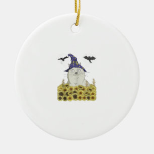 Adorno De Cerámica Gato blanco divertido en sombrero de bruja vintage