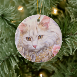 Adorno De Cerámica Gato blanco elegante en oro y diamantes