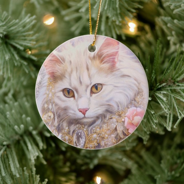 Adorno De Cerámica Gato blanco elegante en oro y diamantes (Árbol)