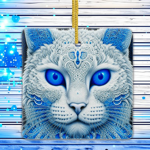 Adorno De Cerámica Gato Blanco Etéreo con Ojos Azules Navidad