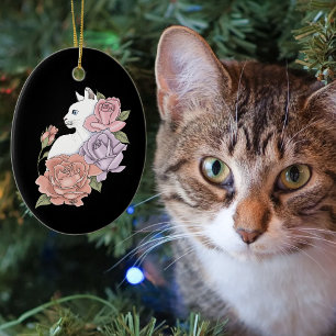 Adorno De Cerámica Gato Blanco Floral Pastel Botánico Romántico Negro