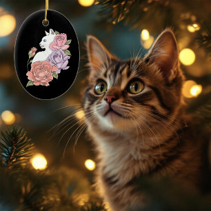Adorno De Cerámica Gato Blanco Floral Pastel Botánico Romántico Negro