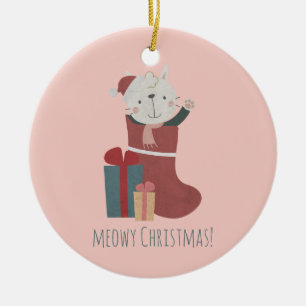 Adorno De Cerámica Gato blanco lindo en calcetines de Navidades