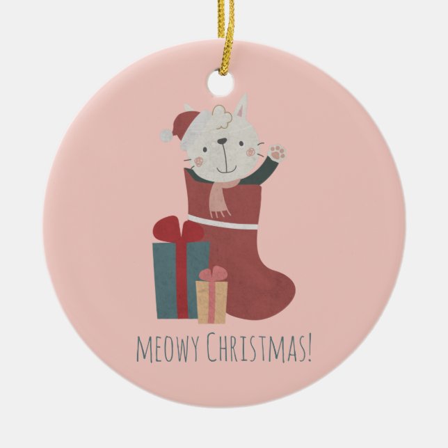 Adorno De Cerámica Gato blanco lindo en calcetines de Navidades (Frente)