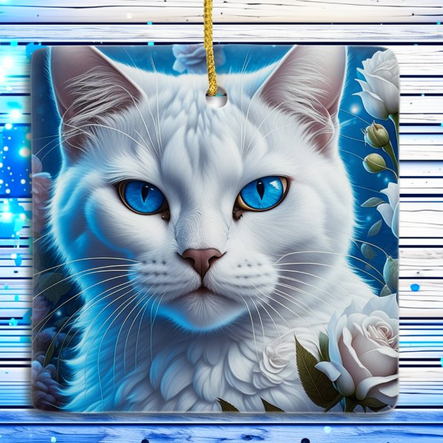 Adorno De Cerámica Gato blanco místico con ojos azules Navidades (Subido por el creador)