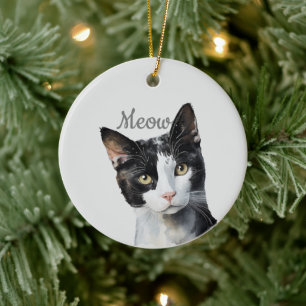 Adorno De Cerámica Gato blanco negro de carne