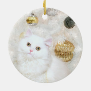 Adorno De Cerámica Gato blanco y árbol blanco de Navidad