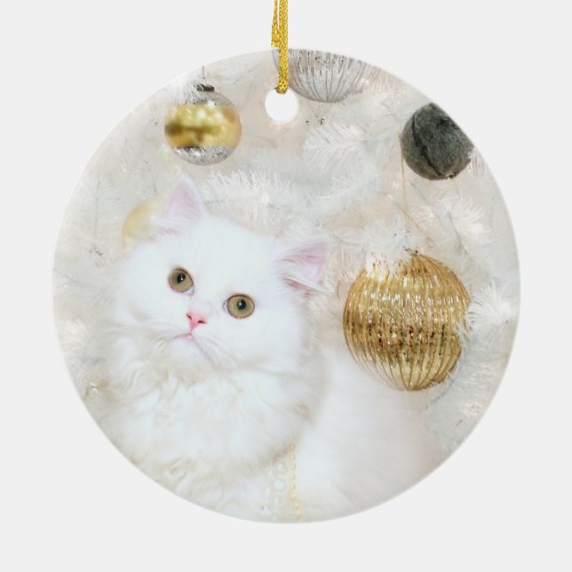 Adorno De Cerámica Gato blanco y árbol blanco de Navidad (Atrás)