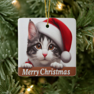 Adorno De Cerámica Gato Bobtail japonés, navidades Santa Kitten