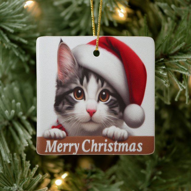 Adorno De Cerámica Gato Bobtail japonés, navidades Santa Kitten (Árbol)