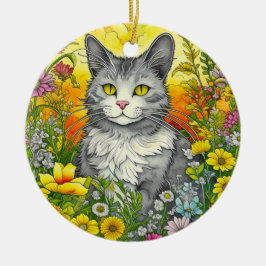 Adorno De Cerámica Gato caprichoso y flores