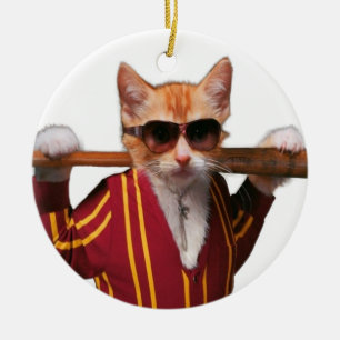 Adorno De Cerámica Gato con bate de béisbol