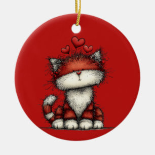 Adorno De Cerámica Gato con Corazones Rojos Divertido y Lindo