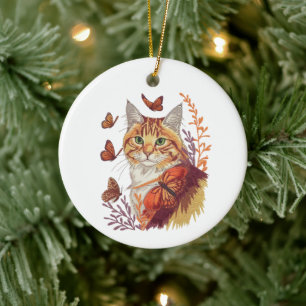 Adorno De Cerámica Gato con mariposas monarcas