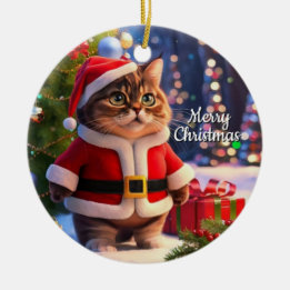 Adorno De Cerámica Gato con traje de Papá Noel