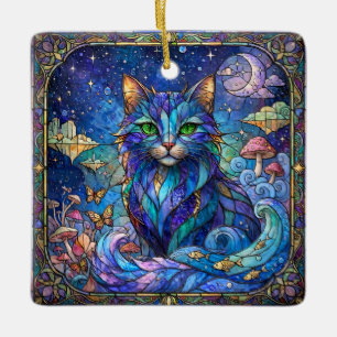 Adorno De Cerámica Gato Cósmico Vidrio Emplomado Surrealista Ojos Ver