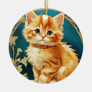 Adorno De Cerámica Gato de Alphonse Mucha Art Nouveau