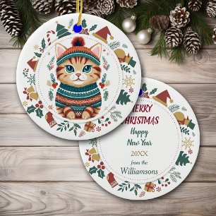 Adorno De Cerámica Gato de Boho Tabby en Navidades de suéter invernal