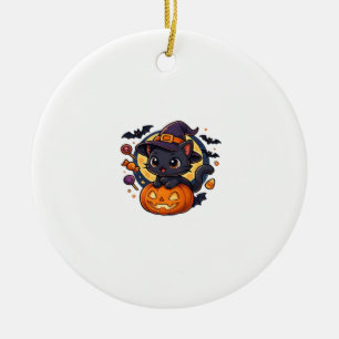 Adorno De Cerámica Gato de Bruja Adorable en Calabaza � Arte de Hallo