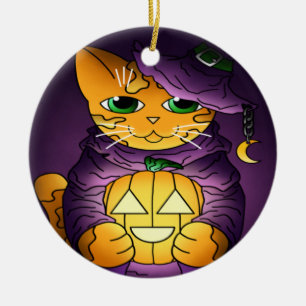 Adorno De Cerámica Gato de bruja morado de Halloween