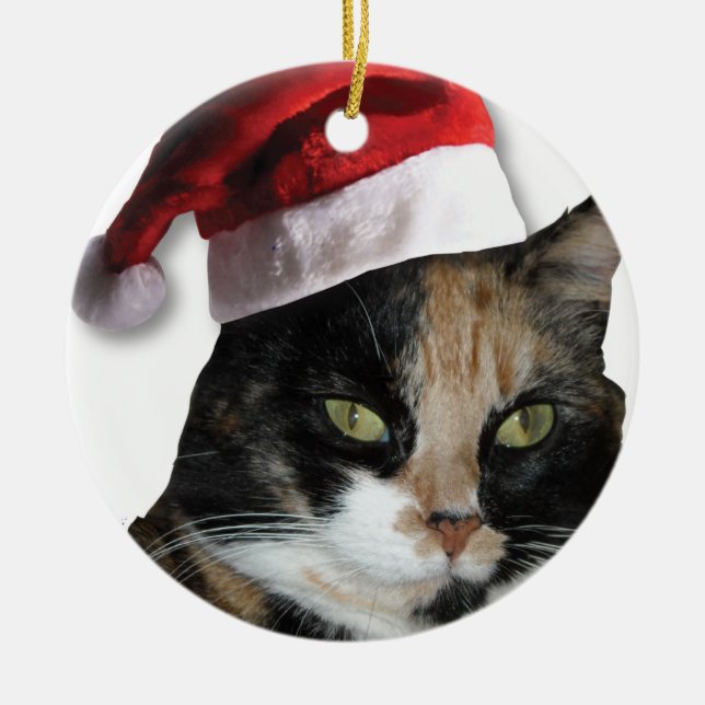 Adorno De Cerámica Gato de Calico con un Gorra de Santa Claus (Frente)