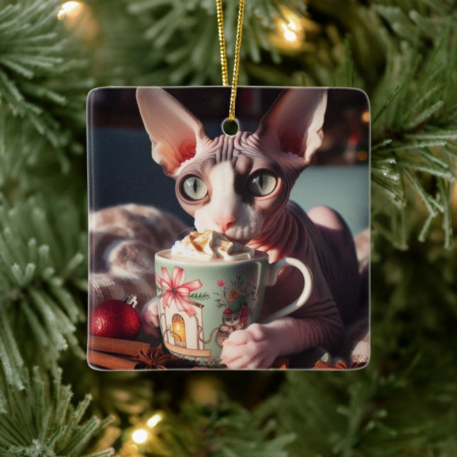 Adorno De Cerámica Gato de Chocolate Caliente Sphynx Navidad (Árbol)