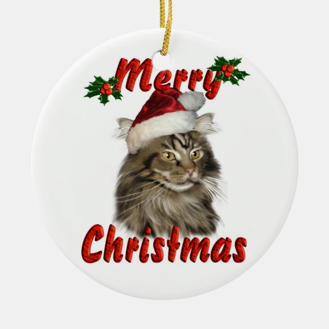 Adorno De Cerámica Gato de Coon de Maine de las Felices Navidad (Frente)