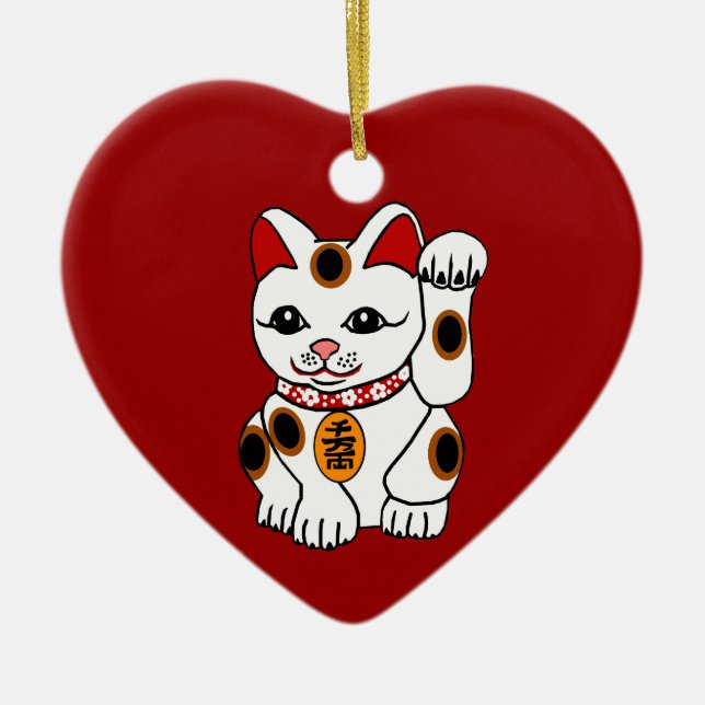 Adorno De Cerámica Gato de Maneki Neko en fondo rojo (Frente)