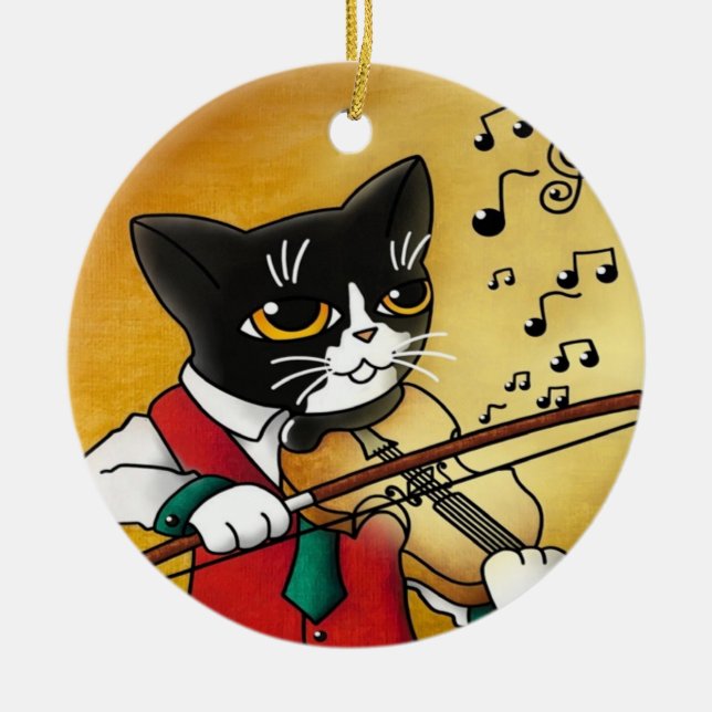 Adorno De Cerámica Gato de música violín (Frente)