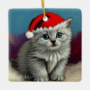 Adorno De Cerámica Gato de Navidad Antiguo con Gorro de Santa