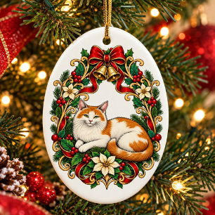 Adorno De Cerámica Gato de Navidad Art Nouveau con Corona de Acebo