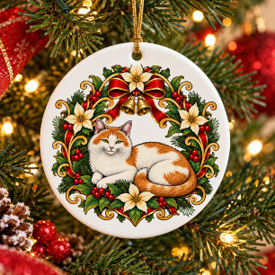Adorno De Cerámica Gato de Navidad Art Nouveau con Corona de Acebo