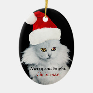 ADORNO DE CERÁMICA GATO DE NAVIDAD BLANCO Y NEGRO CON SOMBRERO DE PAP