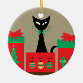Adorno De Cerámica Gato de Navidad de mediados de siglo en caja