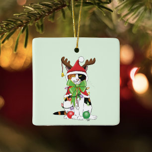 Adorno De Cerámica Gato de Navidad divertido y festivo de calicó verd