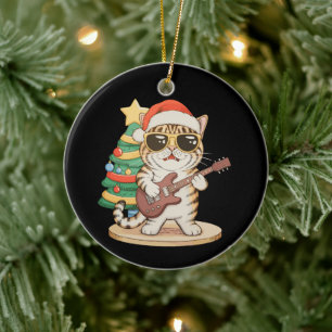Adorno De Cerámica Gato de Navidad tocando guitarra Rock Jazz Sombrer