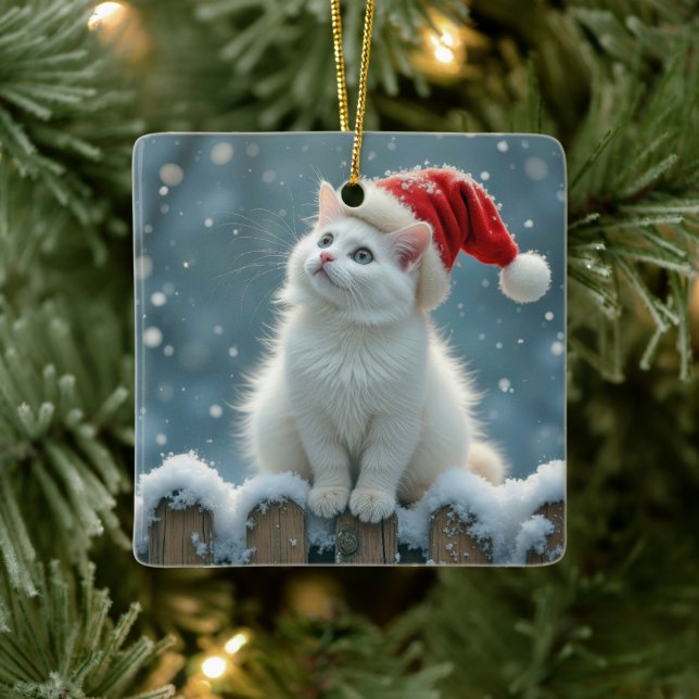 Adorno De Cerámica Gato de Navidades blancos sobre una cerca (Árbol)