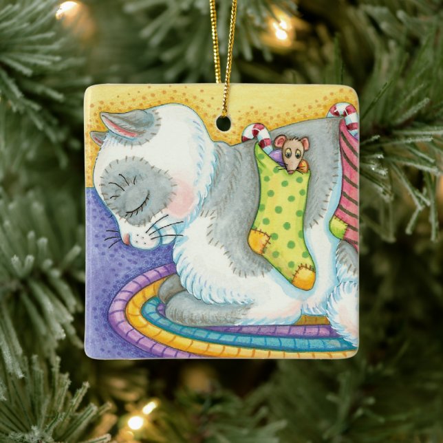 Adorno De Cerámica Gato de Navidades educados duerme con ratones en m (Árbol)