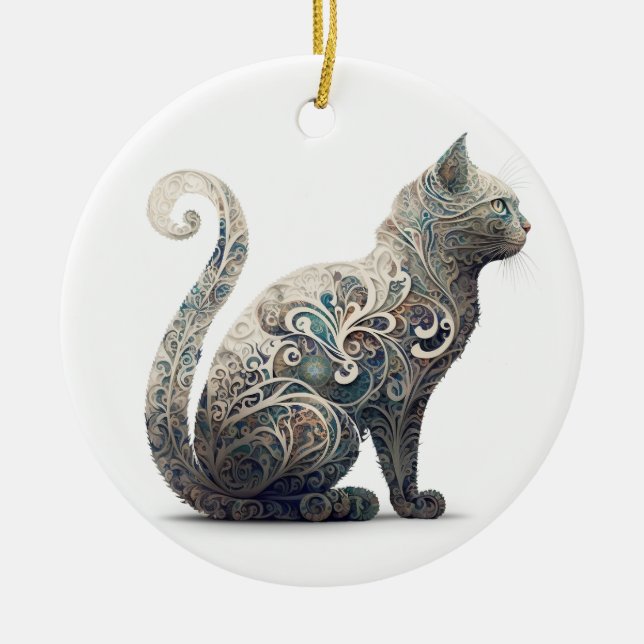 Adorno De Cerámica Gato de perfil de Paisley (Frente)