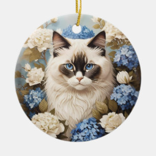 Adorno De Cerámica Gato De Ragdoll Con Flores De Hidrangea Azul