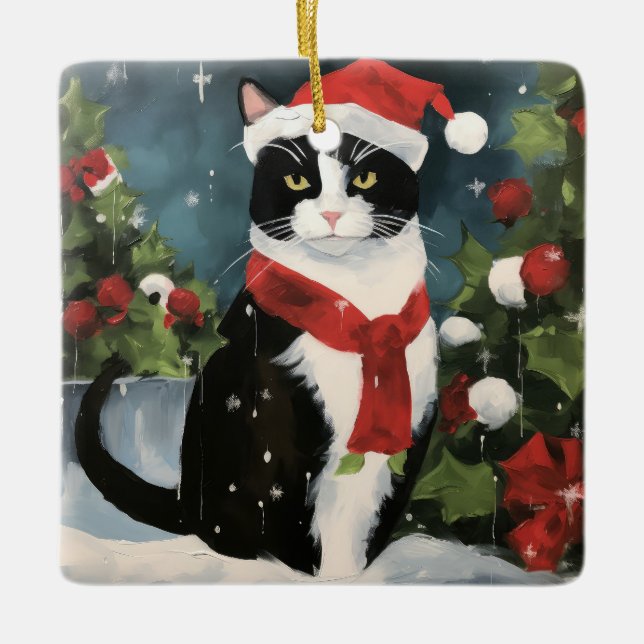 Adorno De Cerámica Gato de Tuxedo en Navidades de nieve (Anverso)