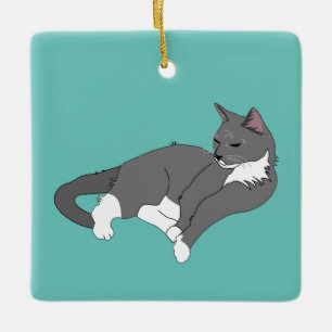 Adorno De Cerámica Gato de Tuxedo Gris y Blanco