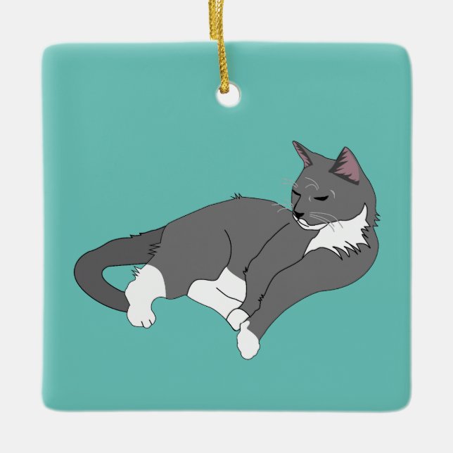 Adorno De Cerámica Gato de Tuxedo Gris y Blanco (Anverso)