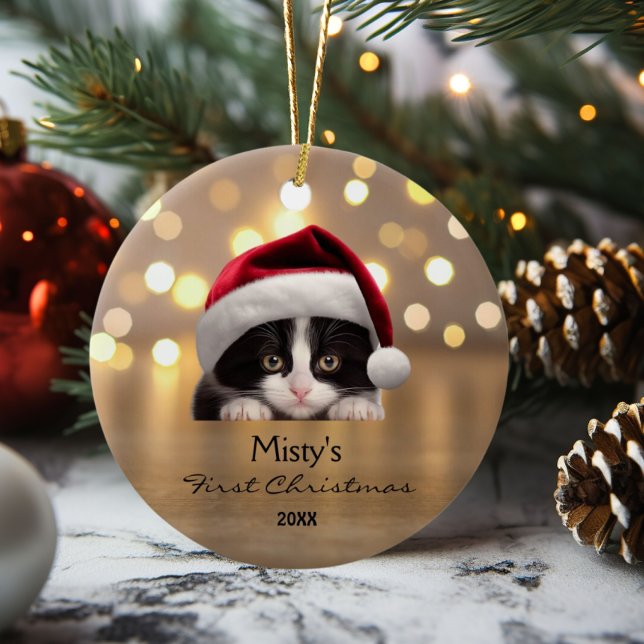 Adorno De Cerámica Gato de Tuxedo Santa Hat Gold personalizado (Subido por el creador)
