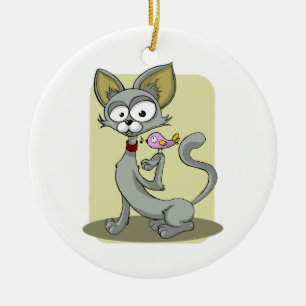 Adorno De Cerámica Gato delgado y pájaro rosa