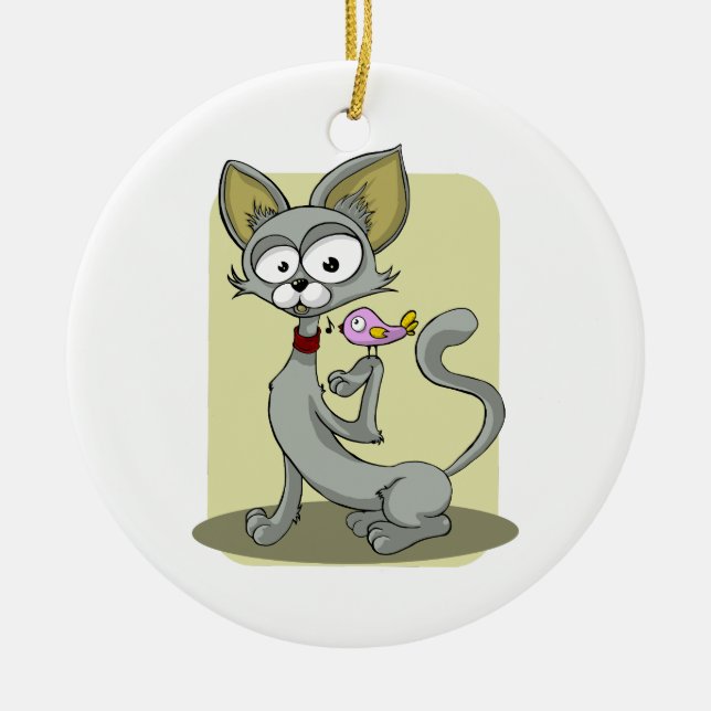 Adorno De Cerámica Gato delgado y pájaro rosa (Frente)